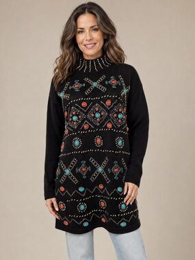 Vintage Victoria Jones Beaded Tunic Sweater M Southwestern Mock Neck Black